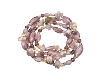 Miriam Haskell Glass Bead Long Necklace Single Strand Pink Tones Signed Necklace
