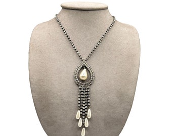 Vintage Rhinestones and Pearl Drops Necklace Classic Formal Costume Jewelry
