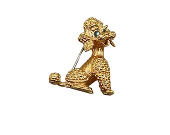 Vintage Krementz Poodle Dog Brooch Gold Tone Metal with Blue Rhinestone Eyes