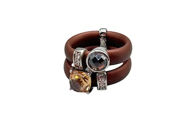 Belle Étoile Venezia Ring Size 7 Brown Rubber Sterling Silver Cz Champagne Stones