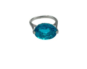 Blue Glass Ring Size 8 Signed DD 925 Sterling Silver Single Stone Cocktail Ring