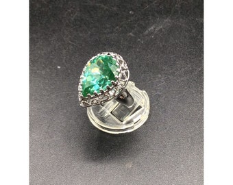 Statement Costume Ring Size 6 Aqua Green Glass Stone Drop Shape Silver Tone Band