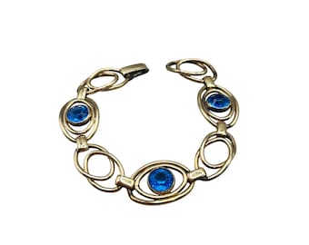 Vintage Gold Filled Over Silver Bracelet Blue Glass Stones 6.5" Link Bracelet