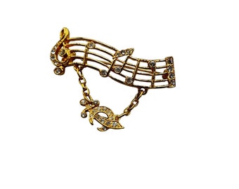 Signed ORA Vintage Musical Pin Brooch with Dangling Charm Gold Tone & Rhinestone