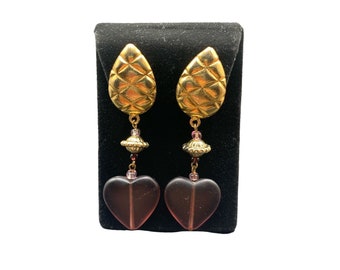 Gold Tone and Frosted Hearts Dangles Clip On Earrings Long Statement Earrings