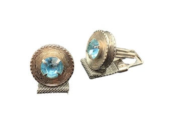 Light Blue Rhinestones Cufflinks Silver Tone Vintage Men Accessories Groom Gift