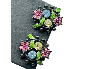 Vintage Japanned Clip On Earrings with Colorful Pastel Colors Rhinestones