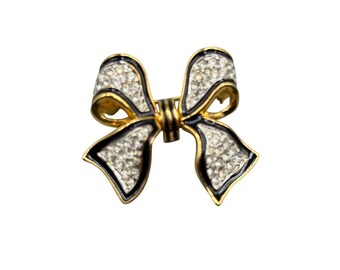 Signed PUCCINI Bow Pin Brooch Black Enamel And Clear Rhinestones Over Gold Tone