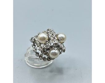 Highly Domed Vintage Rhinestones & Pearls Ring Adjustable Fancy Costume Ring