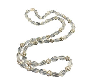 Frosted Clear Glass Necklace with Rhinestones Ball Beads Translucent Jewelry