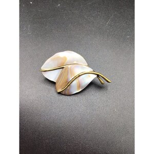 Brass Tone Leaf Pin Brooch MOP Shell Two Leaves Mother of Pearl Classic Jewelry
