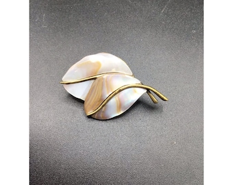 Brass Tone Leaf Pin Brooch MOP Shell Two Leaves Mother of Pearl Classic Jewelry