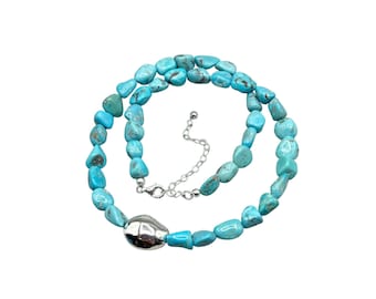 Vintage Turquoise Necklace Blue Beaded Single Strand with Sterling Silver Clasp