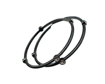 GRAZIANO Set Of 2 Bangle Bracelets SIlver Tone Gunmetal Color Station Crystals