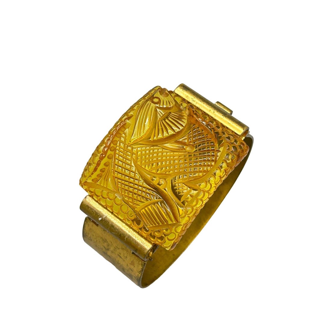 Prystal Vtg French Prystal Bakelite Carved Fish Bracelet Hinged Wide Brass Band ...