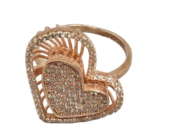 Rose Gold Plated Heart Ring Size 7.5 Rhinestones Heart Pave Delicate Design