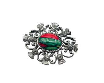 Vintage Miracle Signed Pin Brooch Celtic Design w Thistle Red Green Glass Stone