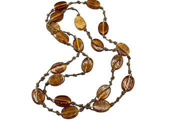 Hand Knotted Vintage Striped Amber Color Glass Necklace Long Continuous Strand