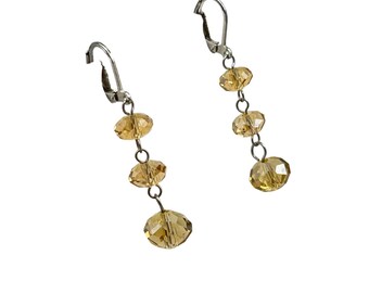 Faceted Crystals Dangles Earrings Leverback Triple Bead Sterling Silver 925