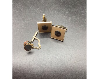 Vintage Sarah Coventry Cufflinks & Tie Tack Set Gold Tone with Black Pearl MOP