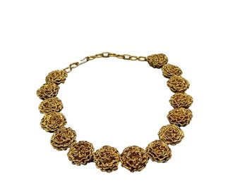Unsigned VENDOME Wirework Golden Roses Flowers Necklace Gold Color Wire