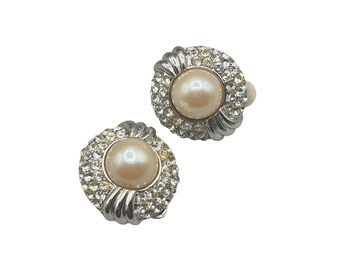 Vintage Faux Pearl & Rhinestone Clip On Earrings Silver Tone Bridal Earrings