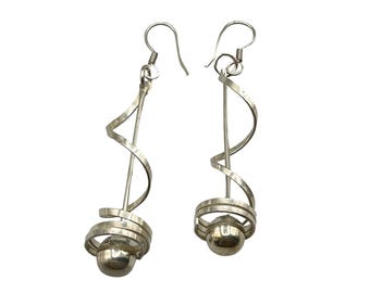 Fun Sterling Silver 925 Long Dangles Earrings 90s Jewelry Swirls and Ball Drops