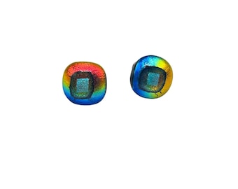 Vintage Dichroic Glass Stud Earrings Pierced Round Colorful Art Glass Jewelry
