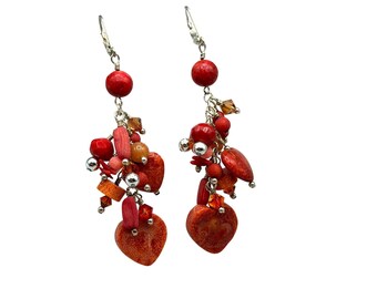 Vintage Red Sponge Coral Apple Coral Earrings Beaded Cluster Pierced Dangles Heart Beads