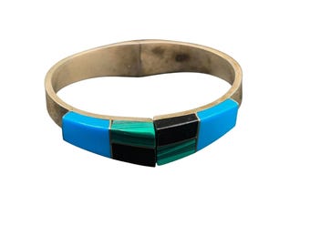 Sterling Hinged Bangle Turquoise Malachite and Onyx made in Mexico silver 925