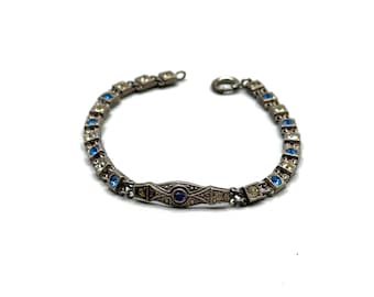 Antique Art Deco Sterling Silver Bracelet Blue White Paste Stones Ornate Links
