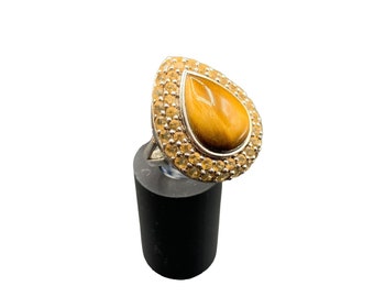 Tiger Eye Ring Drop Shaped Citrine Pave Sterling Silver Elegant Cocktail Ring