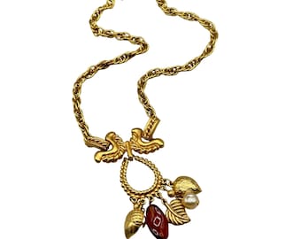 Vintage 80s 90s Statement Gold Tone Necklace Dangles and Charm Quality Jewelry