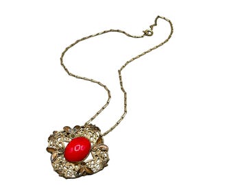 Older Vintage Brass And Glass Necklace Czech Victorian Red Glass Cabochon