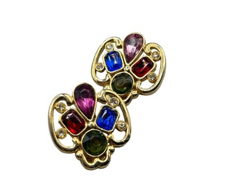 Vintage 90s Colorful Earrings Clip On Gold Tone and Jewel Tones Rhinestones