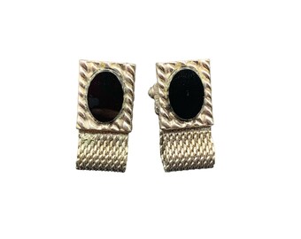 Vintage Swank Cufflinks Black Glass and Silver Tone with Mesh Fold