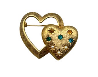 EMMONS Pin Brooch Double Hearts With Colored Crystals And Faux Pearls Vintage Jewelry