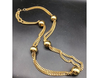 Vintage Double Chain Necklace Ball Stations Gold Tone Heavy Designer Quality