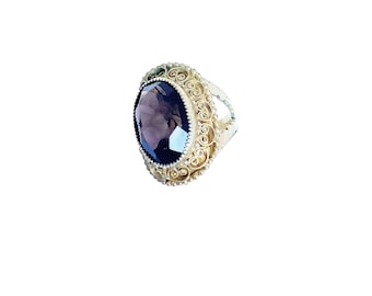 Adjustable Gold Filled Filigree Glass Stone Ring Vintage Costume Ring Brown Tone