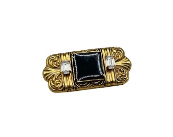 Victorian Revival Brooch Black Enamel And Gold Tone With Rhinestones Stamping Bar Pin