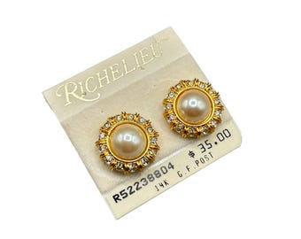 RICHELIEU Earrings Vintage Pearls And Rhinestones Studs Gold Tone  New Old Stock