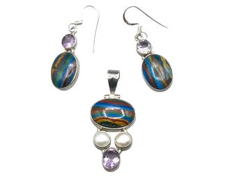 RAINBOW CALSILICA Pendant And Earrings Set Sterling Silver 925 Amethyst And Pearls