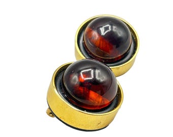 Vintage Dome Clip On Earrings with Bakelite & Gold Tone Finish Bold Design