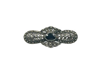 Vintage Sterling Silver Bar Pin Brooch Marcasite and Black Stone Art Deco Style