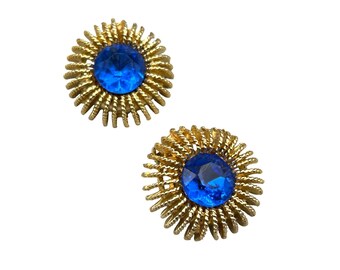 Vintage Clip On Earrings Faux Blue Gems Rhinestones Gold Tone Sunburst Flower Design