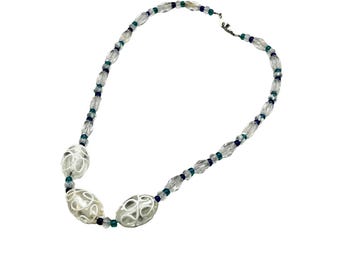 Art Glass Beaded Necklace with Large White Focal Beads & Clear Blue Accents 18"