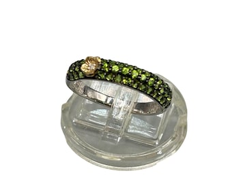 Stephen DWECK Ring Size 8 Sterling 925 Green Gemstone Pave With Yellow Gold Flower Diamonique QVC