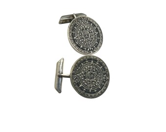 Vintage Margot De Taxco Sterling Silver Mayan Calendar Cufflinks #16 Eagle Stamp