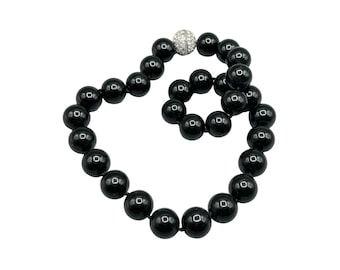 Vintage Black Beaded Glass Necklace Rhinestones Clasp Hand Knotted Fancy Jewelry
