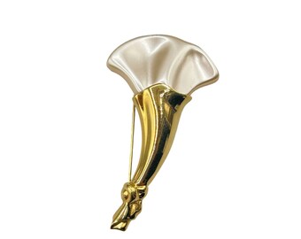 Vintage Carolee Gold Tone & Pearl Lily Brooch Pin Large Statement Flower